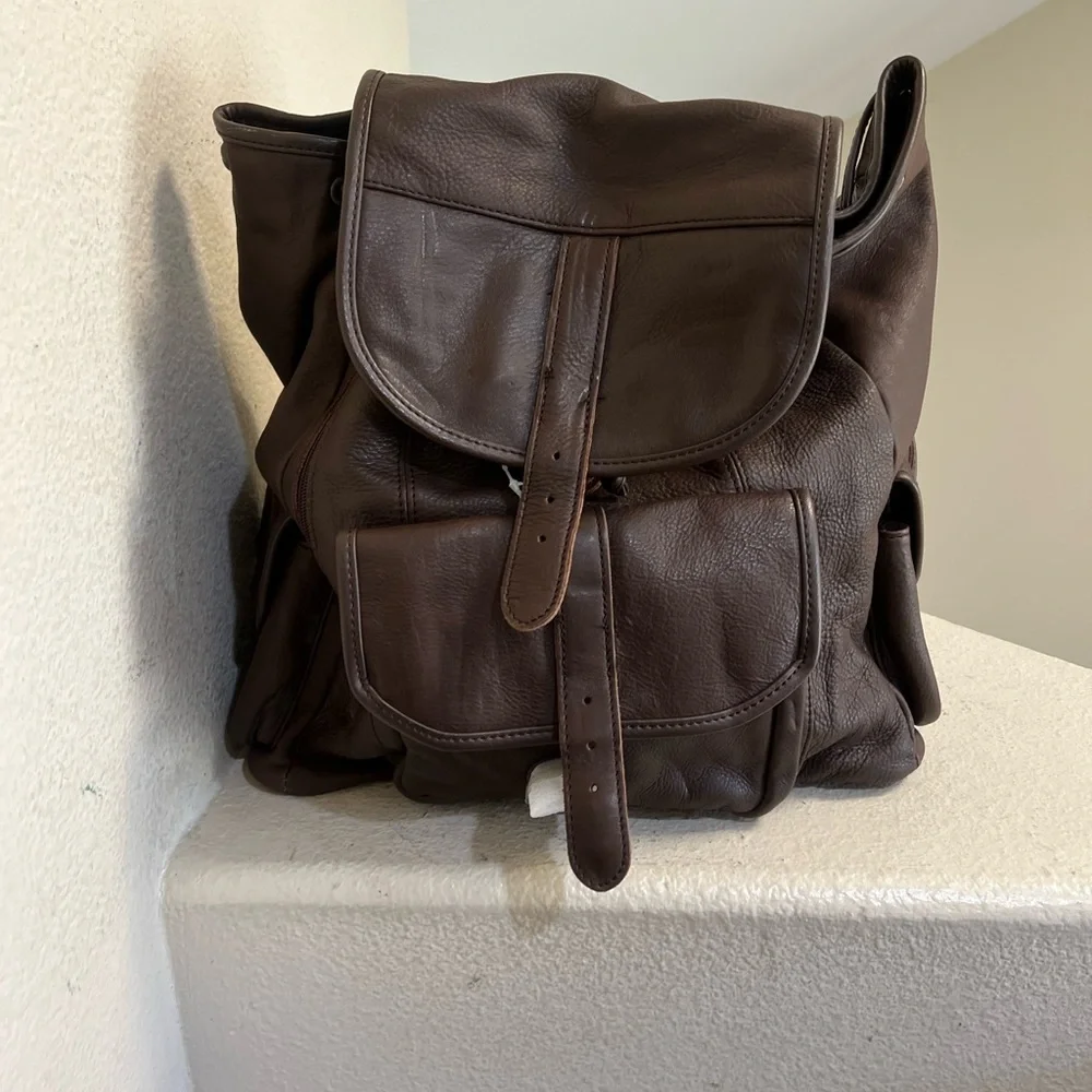 NWNT Lrge Genuine Cow Hide Brown Leather Drawstring Backpack Rucksack Rugged Bag